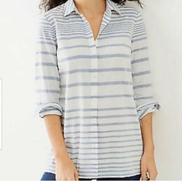 J. Jill Tops - J.Jill Blue White Cotton Tunic Striped Button Down Top